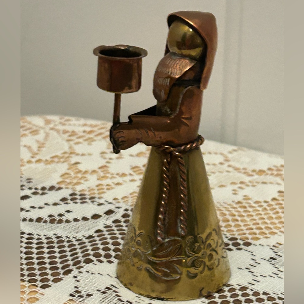 ✨Vintage Mexican Mixed Metal Brass & Copper Monk Candle Holder - Etched MCM 60s